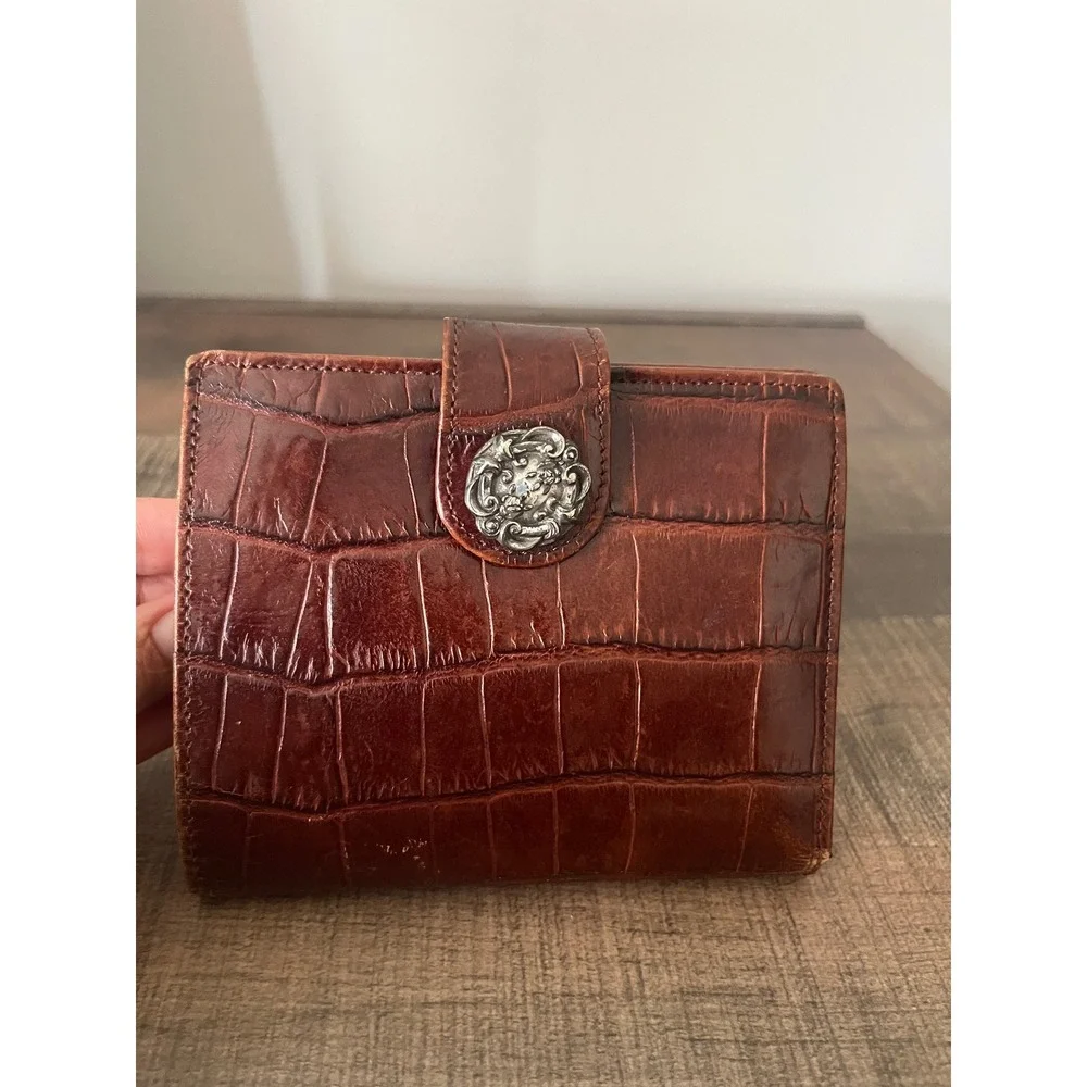 Brighton Cognac Brown Croc Embossed Leather Bifold Wallet Silver Hardware VTG